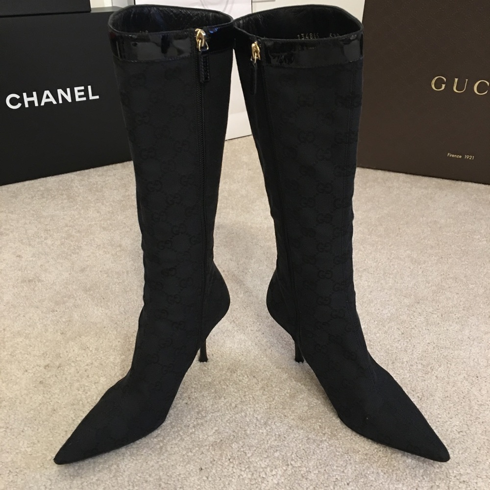Gucci Monogram Heel Boot Black Canvas Gold Hardware Size 5.5